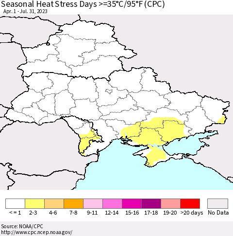 Ukraine, Moldova and Belarus Seasonal Heat Stress Days >=35°C/95°F (CPC) Thematic Map For 4/1/2023 - 7/31/2023