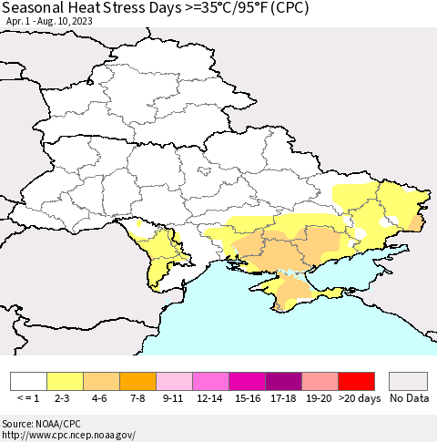 Ukraine, Moldova and Belarus Seasonal Heat Stress Days >=35°C/95°F (CPC) Thematic Map For 4/1/2023 - 8/10/2023