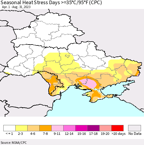 Ukraine, Moldova and Belarus Seasonal Heat Stress Days >=35°C/95°F (CPC) Thematic Map For 4/1/2023 - 8/31/2023