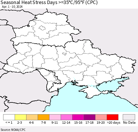 Ukraine, Moldova and Belarus Seasonal Heat Stress Days >=35°C/95°F (CPC) Thematic Map For 4/1/2024 - 4/10/2024