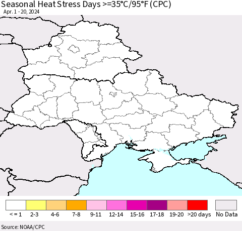 Ukraine, Moldova and Belarus Seasonal Heat Stress Days >=35°C/95°F (CPC) Thematic Map For 4/1/2024 - 4/20/2024