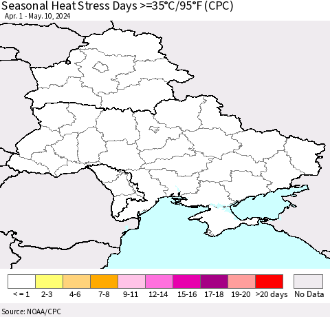 Ukraine, Moldova and Belarus Seasonal Heat Stress Days >=35°C/95°F (CPC) Thematic Map For 4/1/2024 - 5/10/2024