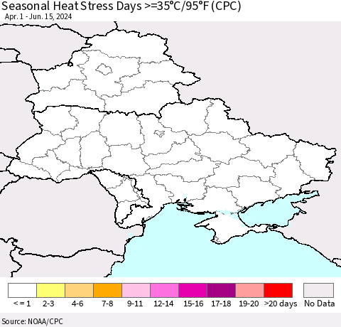 Ukraine, Moldova and Belarus Seasonal Heat Stress Days >=35°C/95°F (CPC) Thematic Map For 4/1/2024 - 6/15/2024