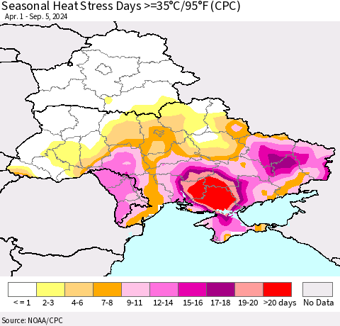 Ukraine, Moldova and Belarus Seasonal Heat Stress Days >=35°C/95°F (CPC) Thematic Map For 4/1/2024 - 9/5/2024