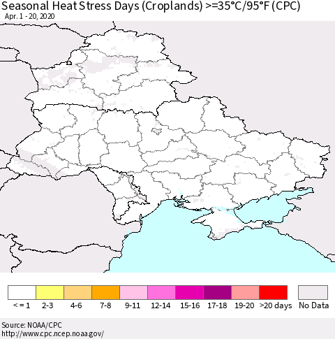 Ukraine, Moldova and Belarus Seasonal Heat Stress Days (Croplands) >=35°C/95°F (CPC) Thematic Map For 4/1/2020 - 4/20/2020