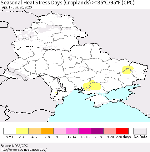 Ukraine, Moldova and Belarus Seasonal Heat Stress Days (Croplands) >=35°C/95°F (CPC) Thematic Map For 4/1/2020 - 6/20/2020