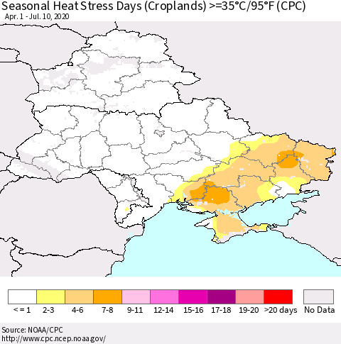 Ukraine, Moldova and Belarus Seasonal Heat Stress Days (Croplands) >=35°C/95°F (CPC) Thematic Map For 4/1/2020 - 7/10/2020