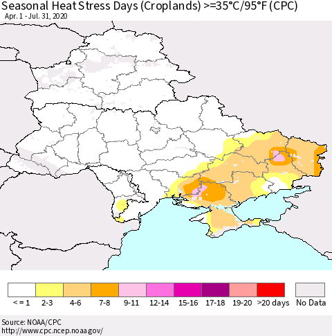 Ukraine, Moldova and Belarus Seasonal Heat Stress Days (Croplands) >=35°C/95°F (CPC) Thematic Map For 4/1/2020 - 7/31/2020