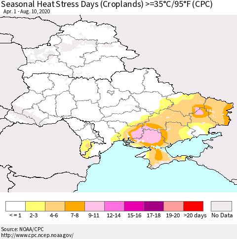 Ukraine, Moldova and Belarus Seasonal Heat Stress Days (Croplands) >=35°C/95°F (CPC) Thematic Map For 4/1/2020 - 8/10/2020