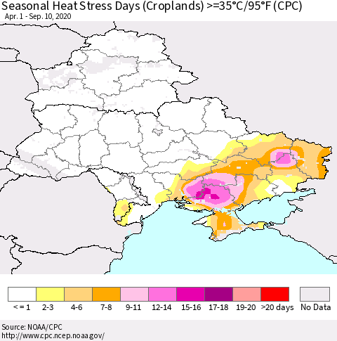 Ukraine, Moldova and Belarus Seasonal Heat Stress Days (Croplands) >=35°C/95°F (CPC) Thematic Map For 4/1/2020 - 9/10/2020