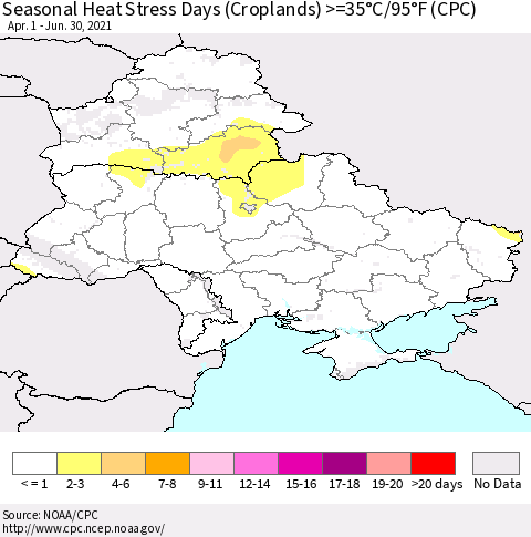 Ukraine, Moldova and Belarus Seasonal Heat Stress Days (Croplands) >=35°C/95°F (CPC) Thematic Map For 4/1/2021 - 6/30/2021