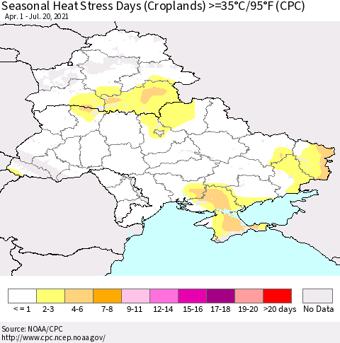Ukraine, Moldova and Belarus Seasonal Heat Stress Days (Croplands) >=35°C/95°F (CPC) Thematic Map For 4/1/2021 - 7/20/2021