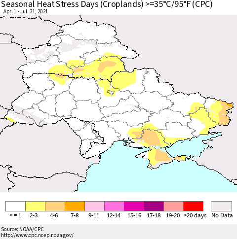 Ukraine, Moldova and Belarus Seasonal Heat Stress Days (Croplands) >=35°C/95°F (CPC) Thematic Map For 4/1/2021 - 7/31/2021
