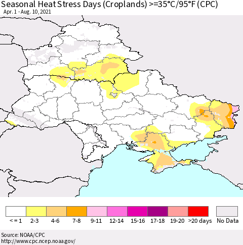 Ukraine, Moldova and Belarus Seasonal Heat Stress Days (Croplands) >=35°C/95°F (CPC) Thematic Map For 4/1/2021 - 8/10/2021