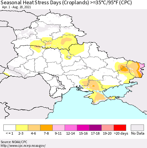 Ukraine, Moldova and Belarus Seasonal Heat Stress Days (Croplands) >=35°C/95°F (CPC) Thematic Map For 4/1/2021 - 8/20/2021