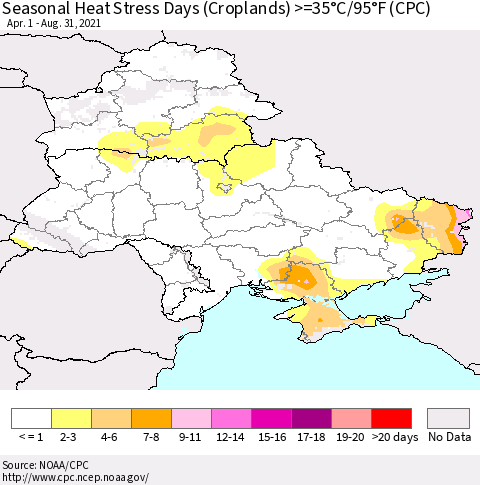 Ukraine, Moldova and Belarus Seasonal Heat Stress Days (Croplands) >=35°C/95°F (CPC) Thematic Map For 4/1/2021 - 8/31/2021