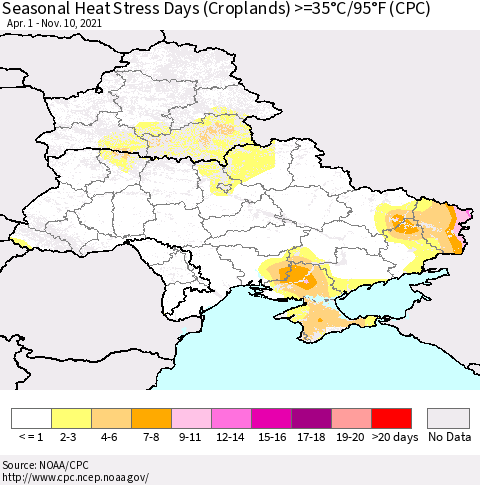 Ukraine, Moldova and Belarus Seasonal Heat Stress Days (Croplands) >=35°C/95°F (CPC) Thematic Map For 4/1/2021 - 11/10/2021