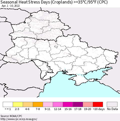 Ukraine, Moldova and Belarus Seasonal Heat Stress Days (Croplands) >=35°C/95°F (CPC) Thematic Map For 4/1/2022 - 4/10/2022