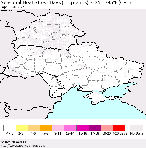 Ukraine, Moldova and Belarus Seasonal Heat Stress Days (Croplands) >=35°C/95°F (CPC) Thematic Map For 4/1/2022 - 4/20/2022