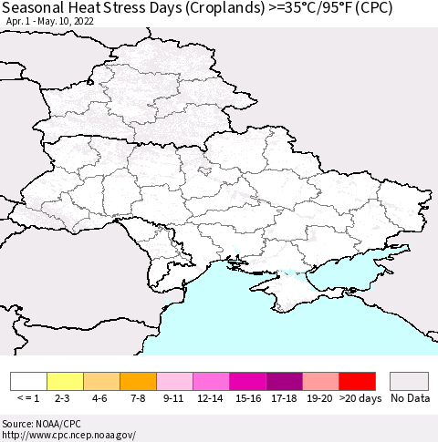 Ukraine, Moldova and Belarus Seasonal Heat Stress Days (Croplands) >=35°C/95°F (CPC) Thematic Map For 4/1/2022 - 5/10/2022