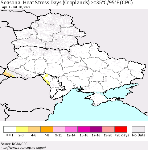 Ukraine, Moldova and Belarus Seasonal Heat Stress Days (Croplands) >=35°C/95°F (CPC) Thematic Map For 4/1/2022 - 7/10/2022