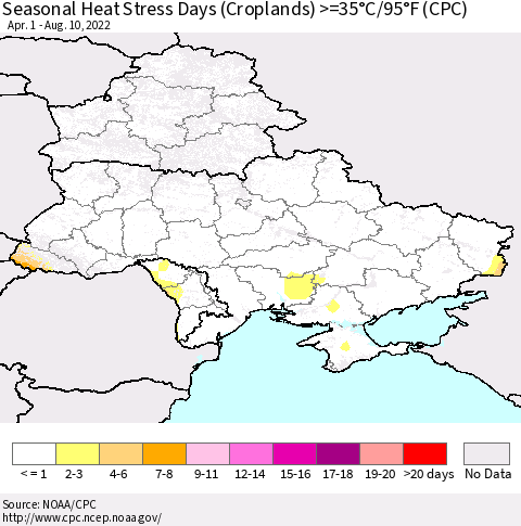 Ukraine, Moldova and Belarus Seasonal Heat Stress Days (Croplands) >=35°C/95°F (CPC) Thematic Map For 4/1/2022 - 8/10/2022