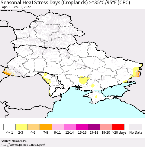 Ukraine, Moldova and Belarus Seasonal Heat Stress Days (Croplands) >=35°C/95°F (CPC) Thematic Map For 4/1/2022 - 9/10/2022