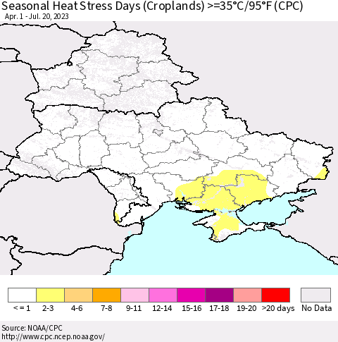 Ukraine, Moldova and Belarus Seasonal Heat Stress Days (Croplands) >=35°C/95°F (CPC) Thematic Map For 4/1/2023 - 7/20/2023