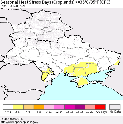 Ukraine, Moldova and Belarus Seasonal Heat Stress Days (Croplands) >=35°C/95°F (CPC) Thematic Map For 4/1/2023 - 7/31/2023