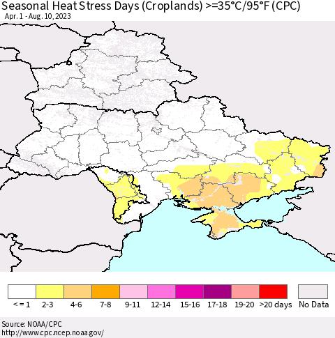 Ukraine, Moldova and Belarus Seasonal Heat Stress Days (Croplands) >=35°C/95°F (CPC) Thematic Map For 4/1/2023 - 8/10/2023