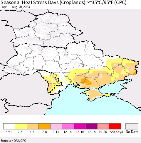 Ukraine, Moldova and Belarus Seasonal Heat Stress Days (Croplands) >=35°C/95°F (CPC) Thematic Map For 4/1/2023 - 8/20/2023