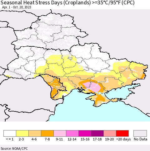 Ukraine, Moldova and Belarus Seasonal Heat Stress Days (Croplands) >=35°C/95°F (CPC) Thematic Map For 4/1/2023 - 10/20/2023