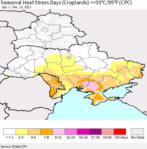Ukraine, Moldova and Belarus Seasonal Heat Stress Days (Croplands) >=35°C/95°F (CPC) Thematic Map For 4/1/2023 - 12/10/2023