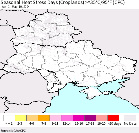 Ukraine, Moldova and Belarus Seasonal Heat Stress Days (Croplands) >=35°C/95°F (CPC) Thematic Map For 4/1/2024 - 5/10/2024