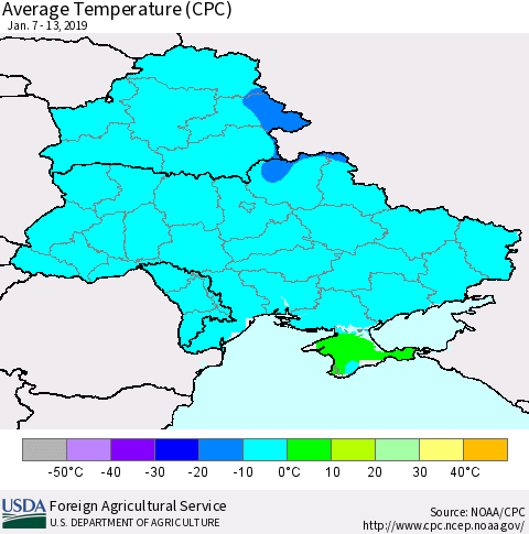 Ukraine, Moldova and Belarus Average Temperature (CPC) Thematic Map For 1/7/2019 - 1/13/2019