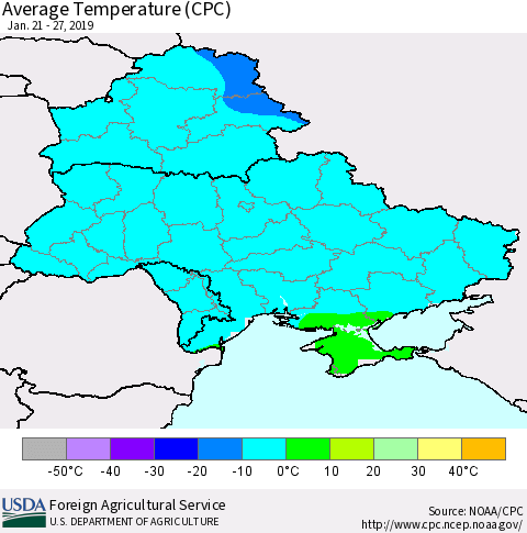 Ukraine, Moldova and Belarus Average Temperature (CPC) Thematic Map For 1/21/2019 - 1/27/2019