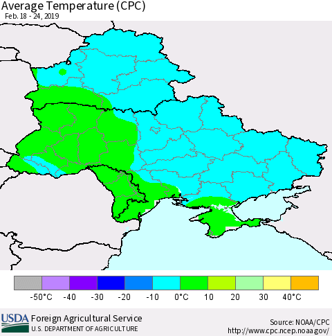 Ukraine, Moldova and Belarus Average Temperature (CPC) Thematic Map For 2/18/2019 - 2/24/2019