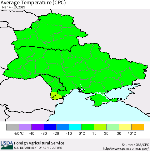 Ukraine, Moldova and Belarus Average Temperature (CPC) Thematic Map For 3/4/2019 - 3/10/2019