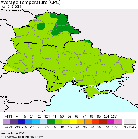 Ukraine, Moldova and Belarus Average Temperature (CPC) Thematic Map For 4/1/2019 - 4/7/2019