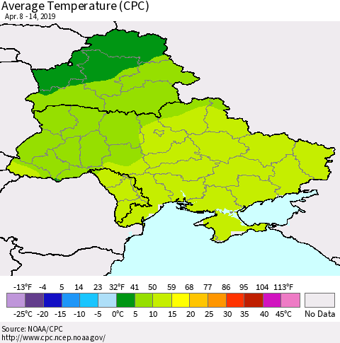 Ukraine, Moldova and Belarus Average Temperature (CPC) Thematic Map For 4/8/2019 - 4/14/2019