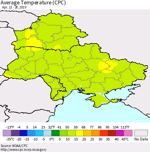 Ukraine, Moldova and Belarus Average Temperature (CPC) Thematic Map For 4/22/2019 - 4/28/2019