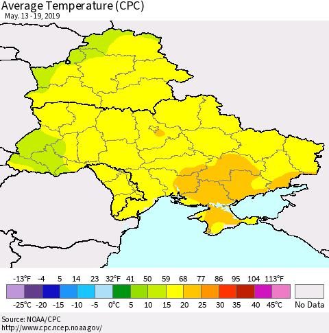 Ukraine, Moldova and Belarus Average Temperature (CPC) Thematic Map For 5/13/2019 - 5/19/2019