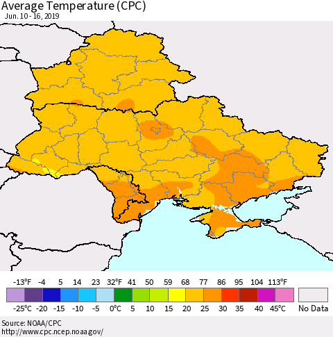 Ukraine, Moldova and Belarus Average Temperature (CPC) Thematic Map For 6/10/2019 - 6/16/2019