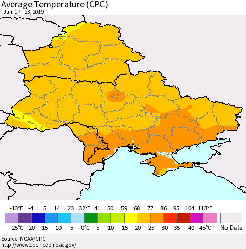 Ukraine, Moldova and Belarus Average Temperature (CPC) Thematic Map For 6/17/2019 - 6/23/2019