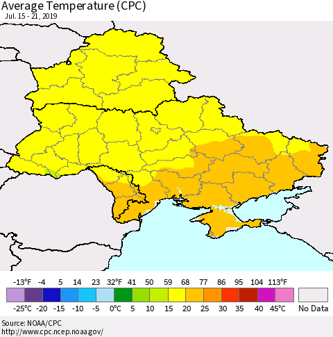 Ukraine, Moldova and Belarus Average Temperature (CPC) Thematic Map For 7/15/2019 - 7/21/2019