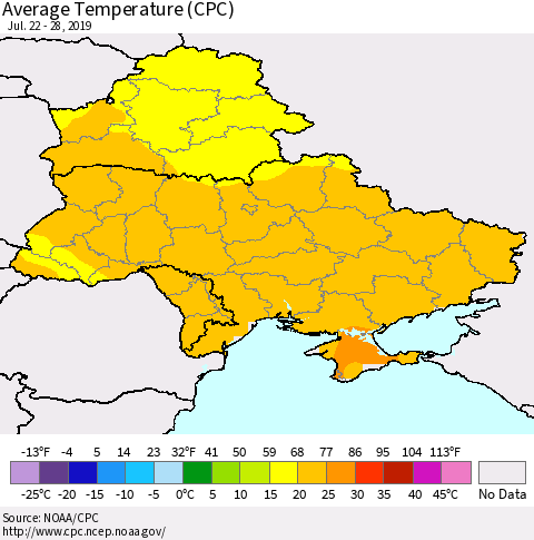 Ukraine, Moldova and Belarus Average Temperature (CPC) Thematic Map For 7/22/2019 - 7/28/2019