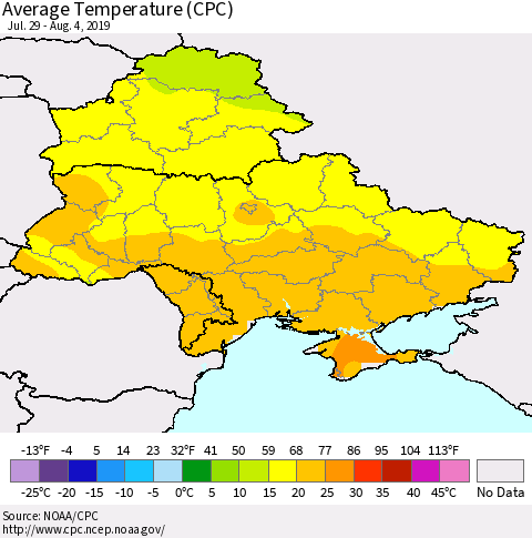 Ukraine, Moldova and Belarus Average Temperature (CPC) Thematic Map For 7/29/2019 - 8/4/2019