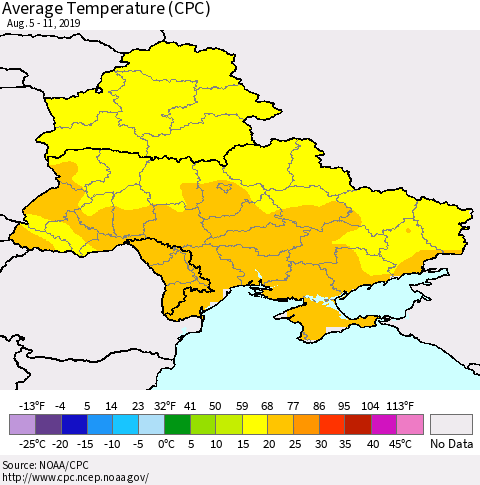 Ukraine, Moldova and Belarus Average Temperature (CPC) Thematic Map For 8/5/2019 - 8/11/2019