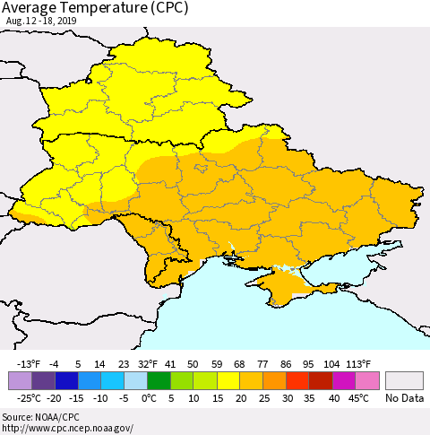 Ukraine, Moldova and Belarus Average Temperature (CPC) Thematic Map For 8/12/2019 - 8/18/2019
