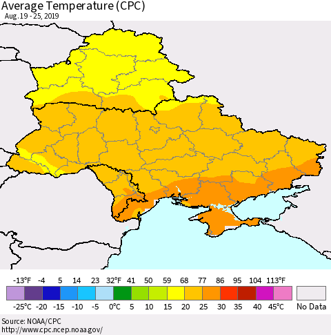 Ukraine, Moldova and Belarus Average Temperature (CPC) Thematic Map For 8/19/2019 - 8/25/2019